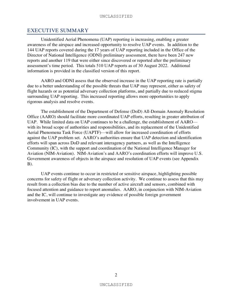 2022 UAP年次報告公式PDFの3ページ