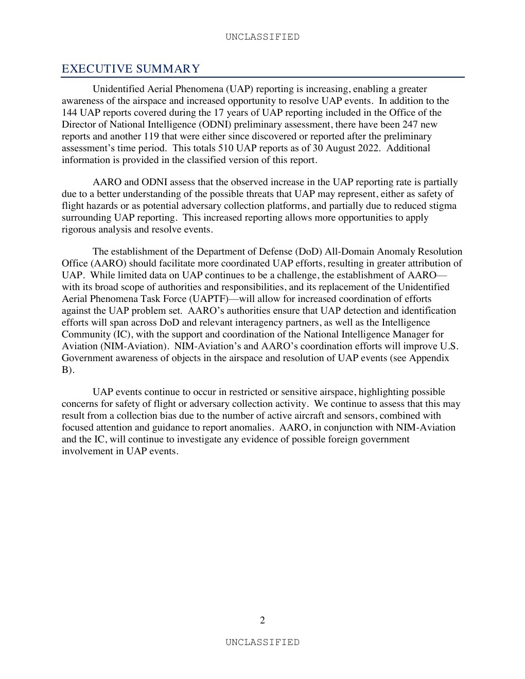 2022 UAP年次報告公式PDFの3ページ