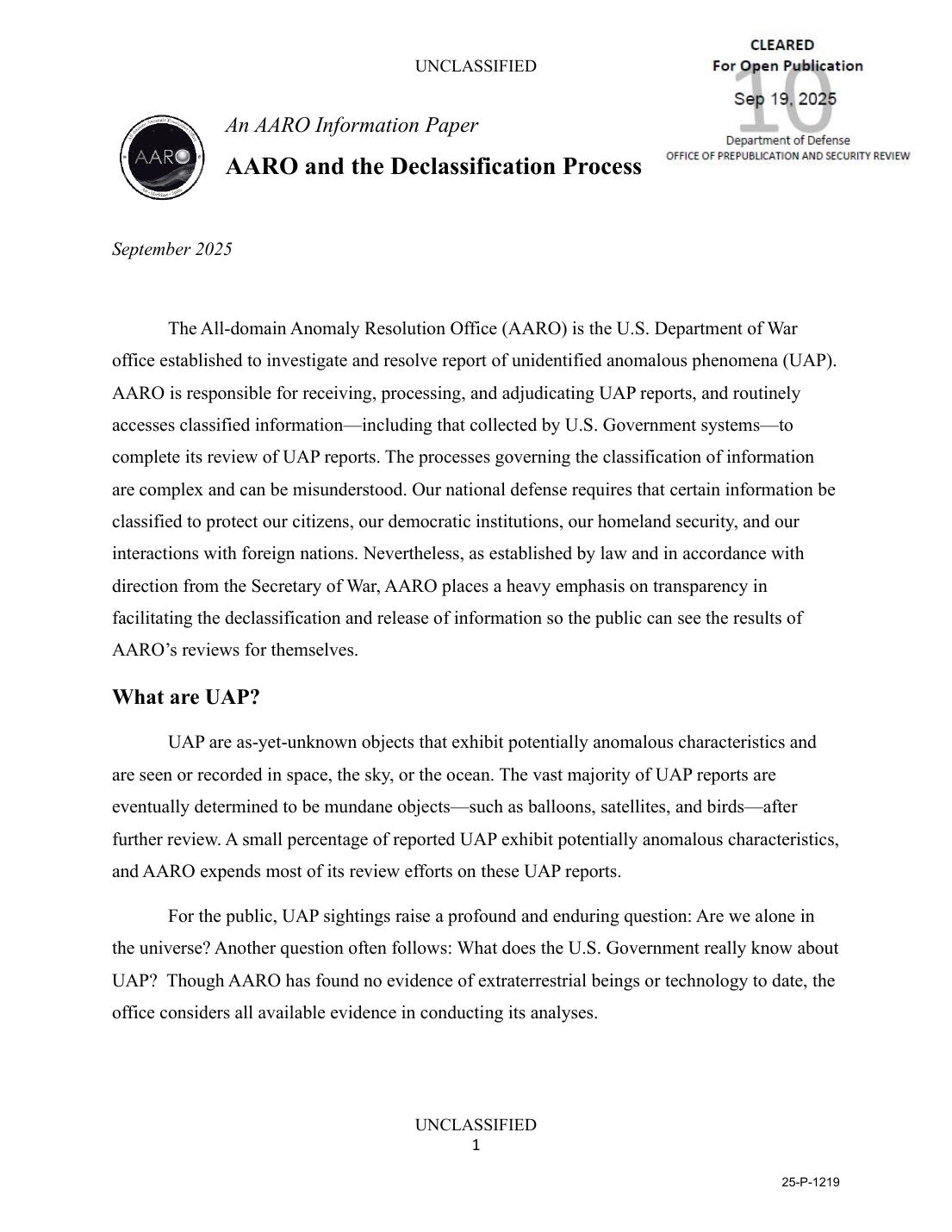 AARO Declassification Information Paperの1ページ