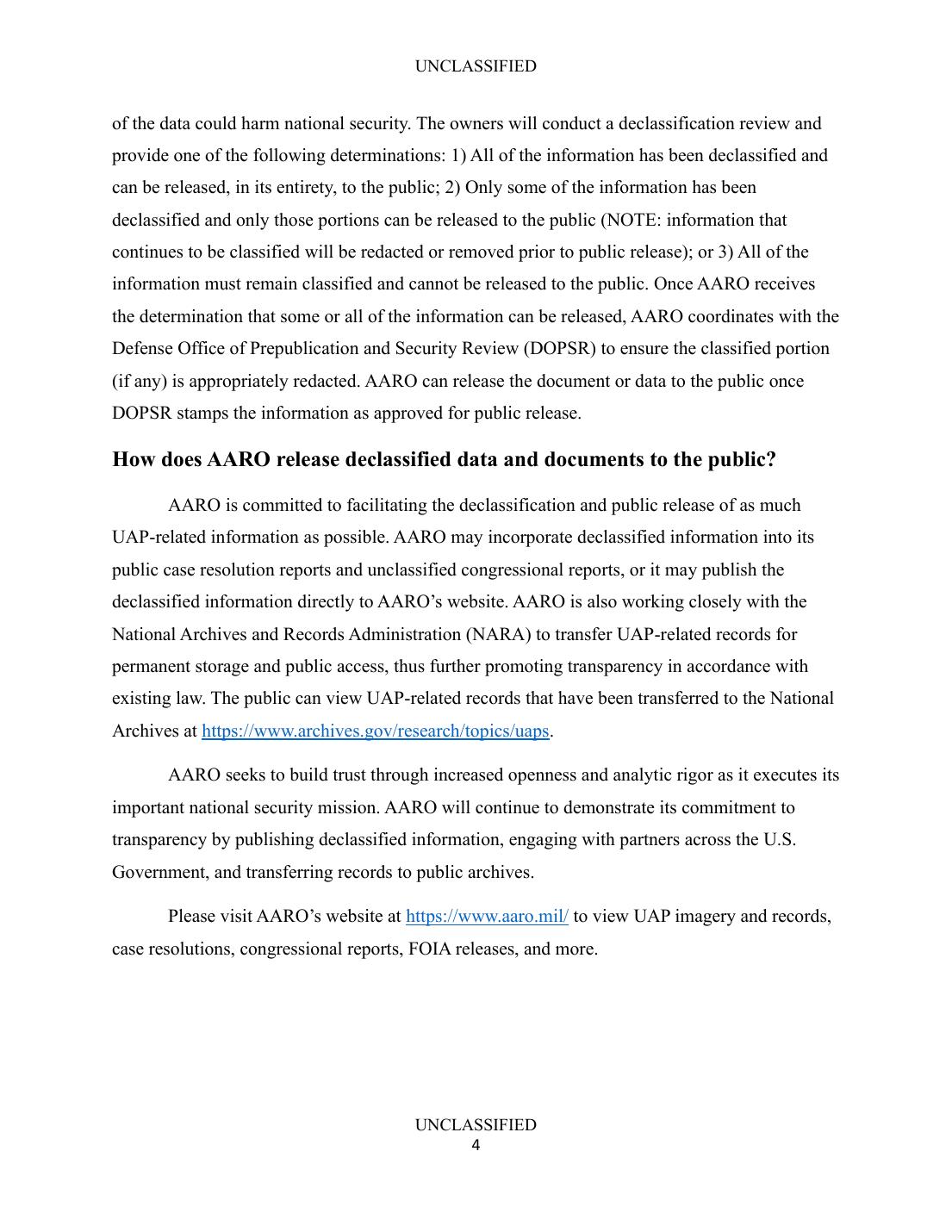 AARO Declassification Information Paperの4ページ